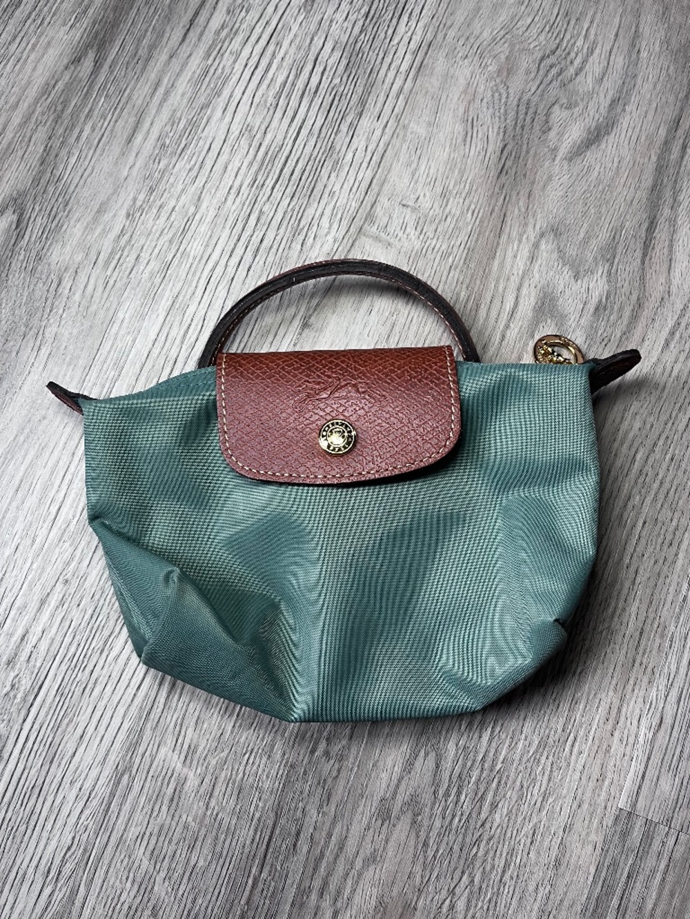 Longchamp Original Le Pliage Mini Pouch Top Handle GREEN w/ brown accents